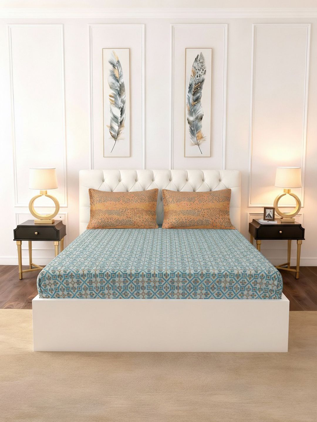 Raymond Home Raymond Home Blue Geometric 140 TC Bedsheet with 2 Pillow Covers