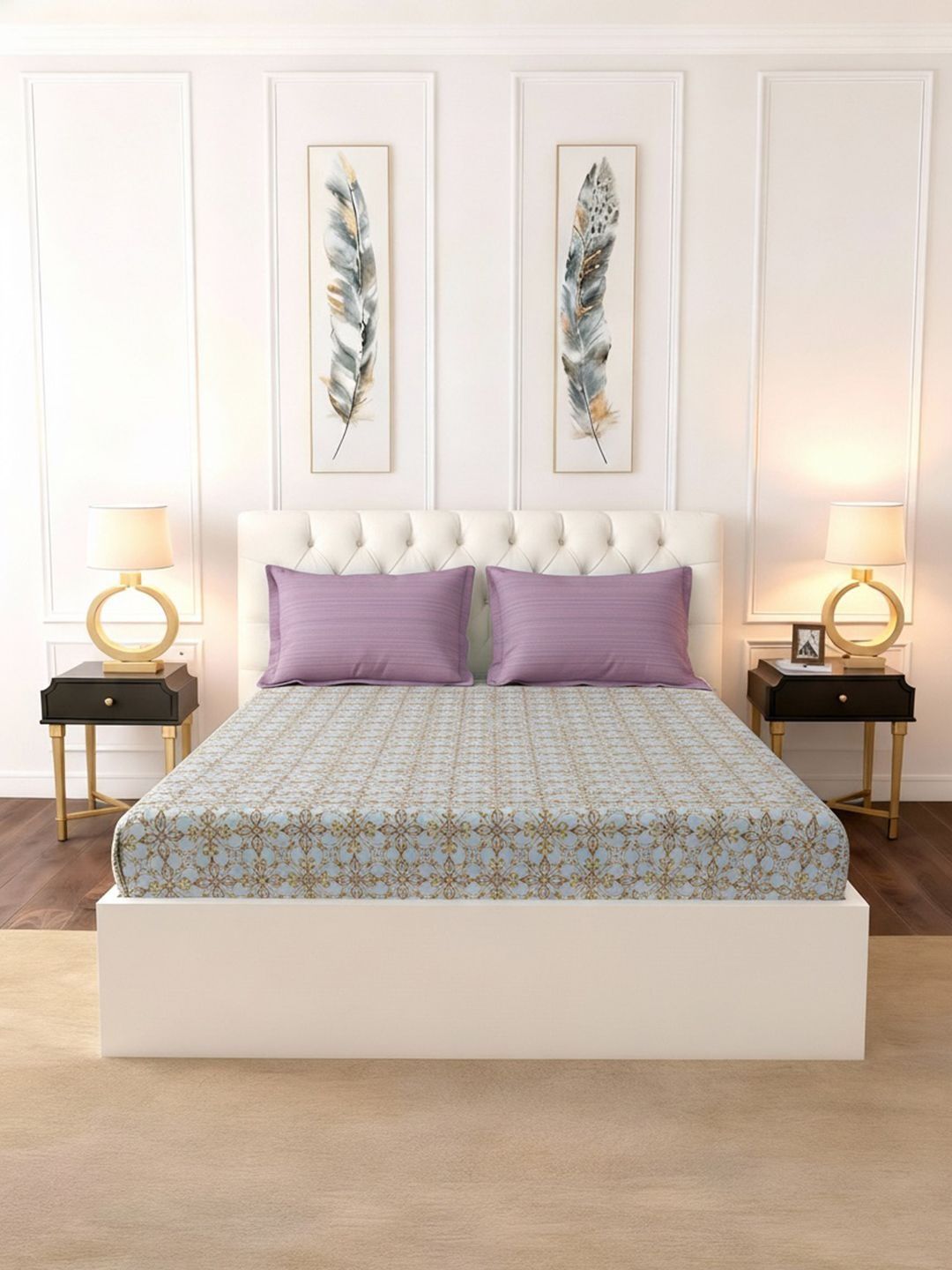 Raymond Home Raymond Home Blue Geometric 140 TC Bedsheet with 2 Pillow Covers