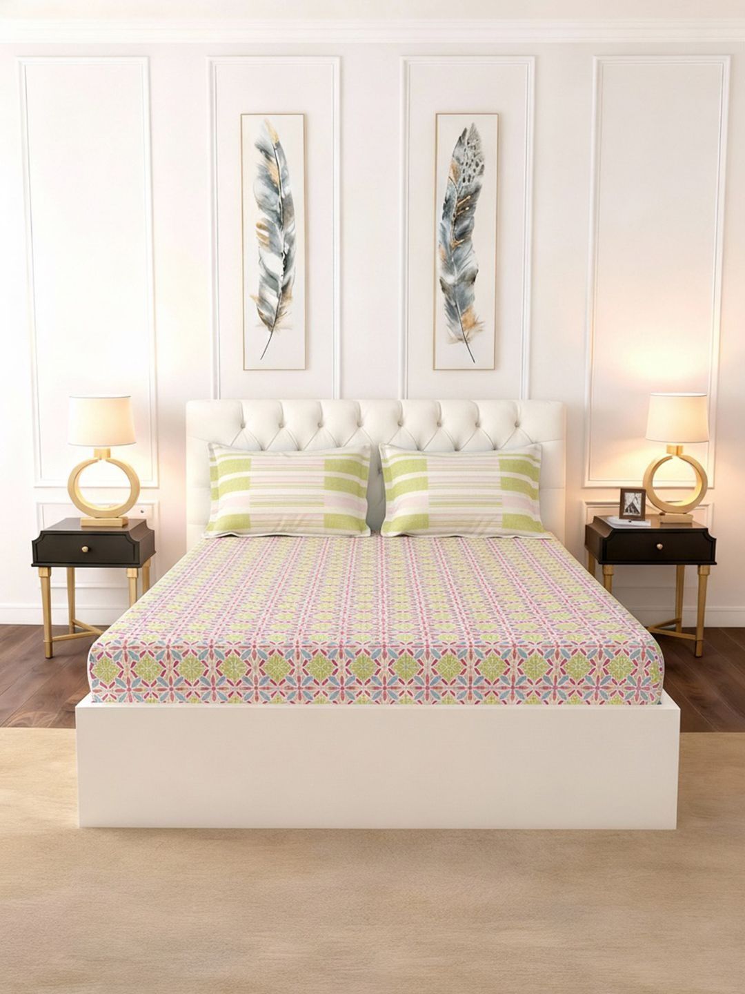 Raymond Home Raymond Home Multicoloured Geometric 140 TC Bedsheet with 2 Pillow Covers