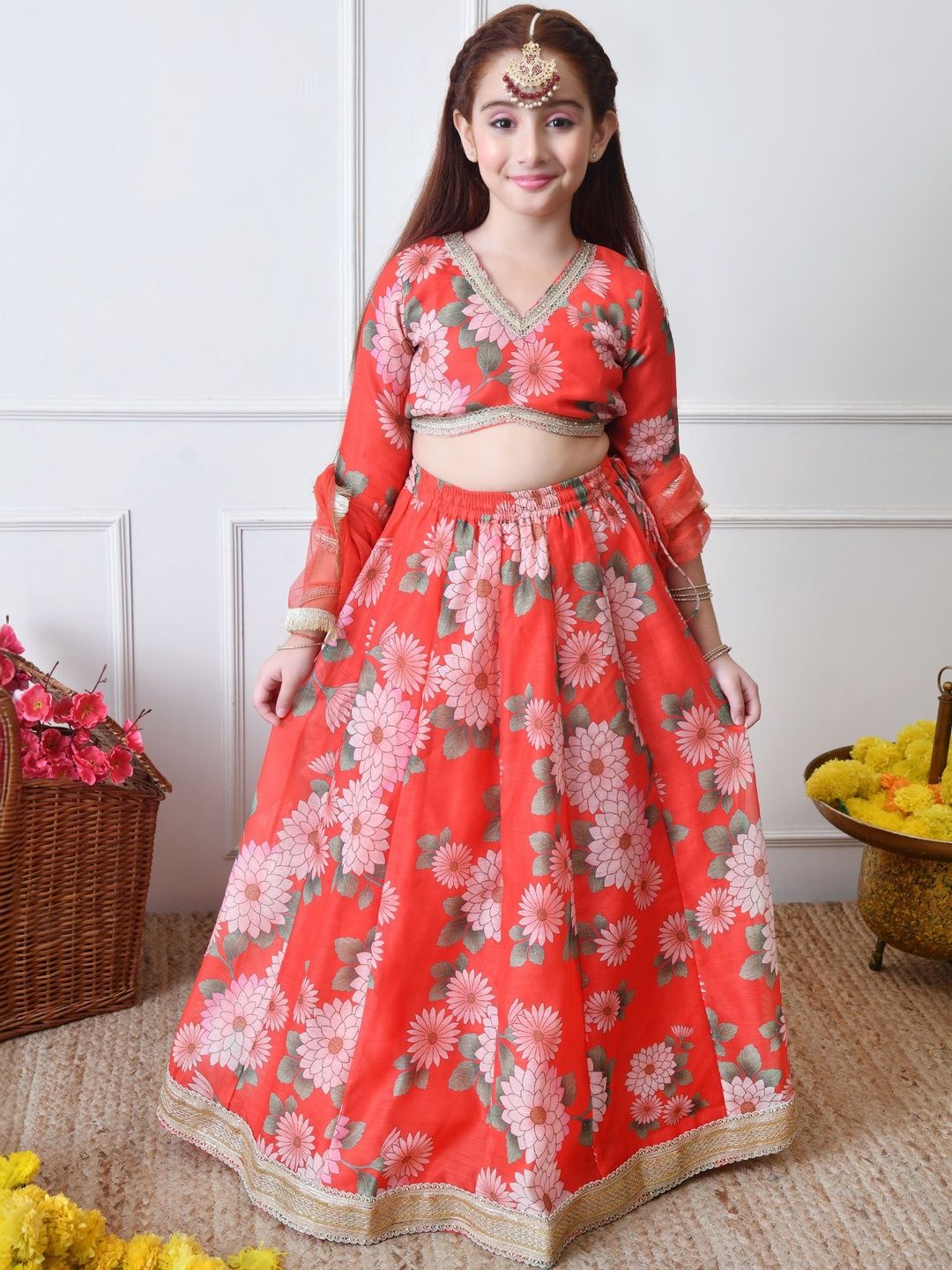House of Pataudi Girls Printed V Neck Flared Lehenga Choli with Dupatta