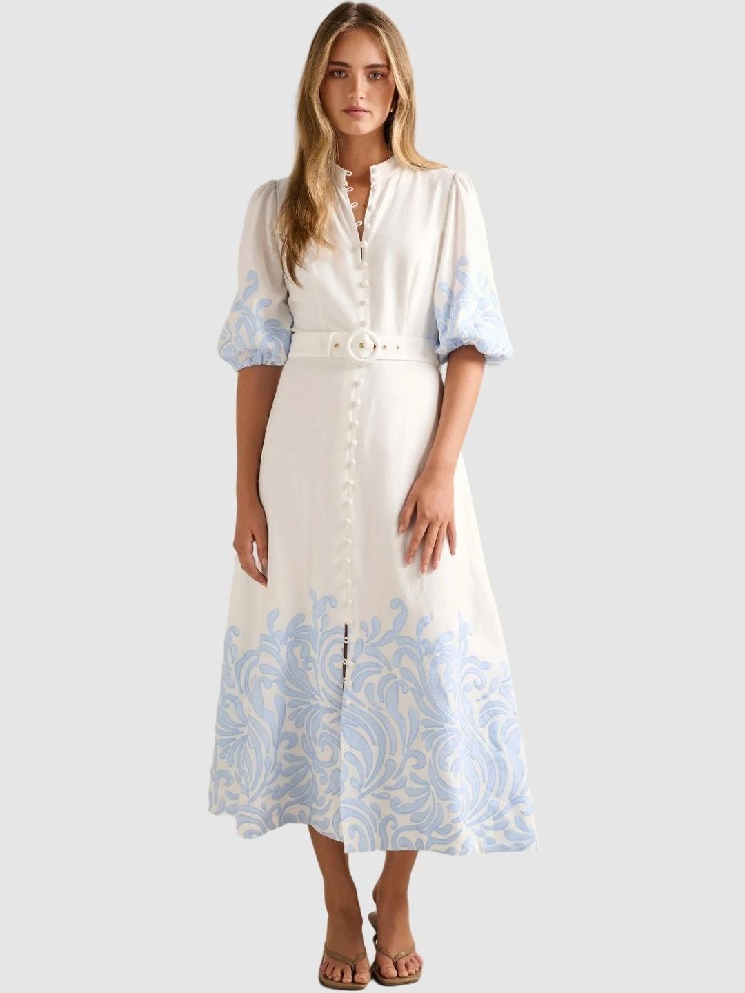 Forever New Forever New Print Puff Sleeve Linen Blend A-Line Midi Dress