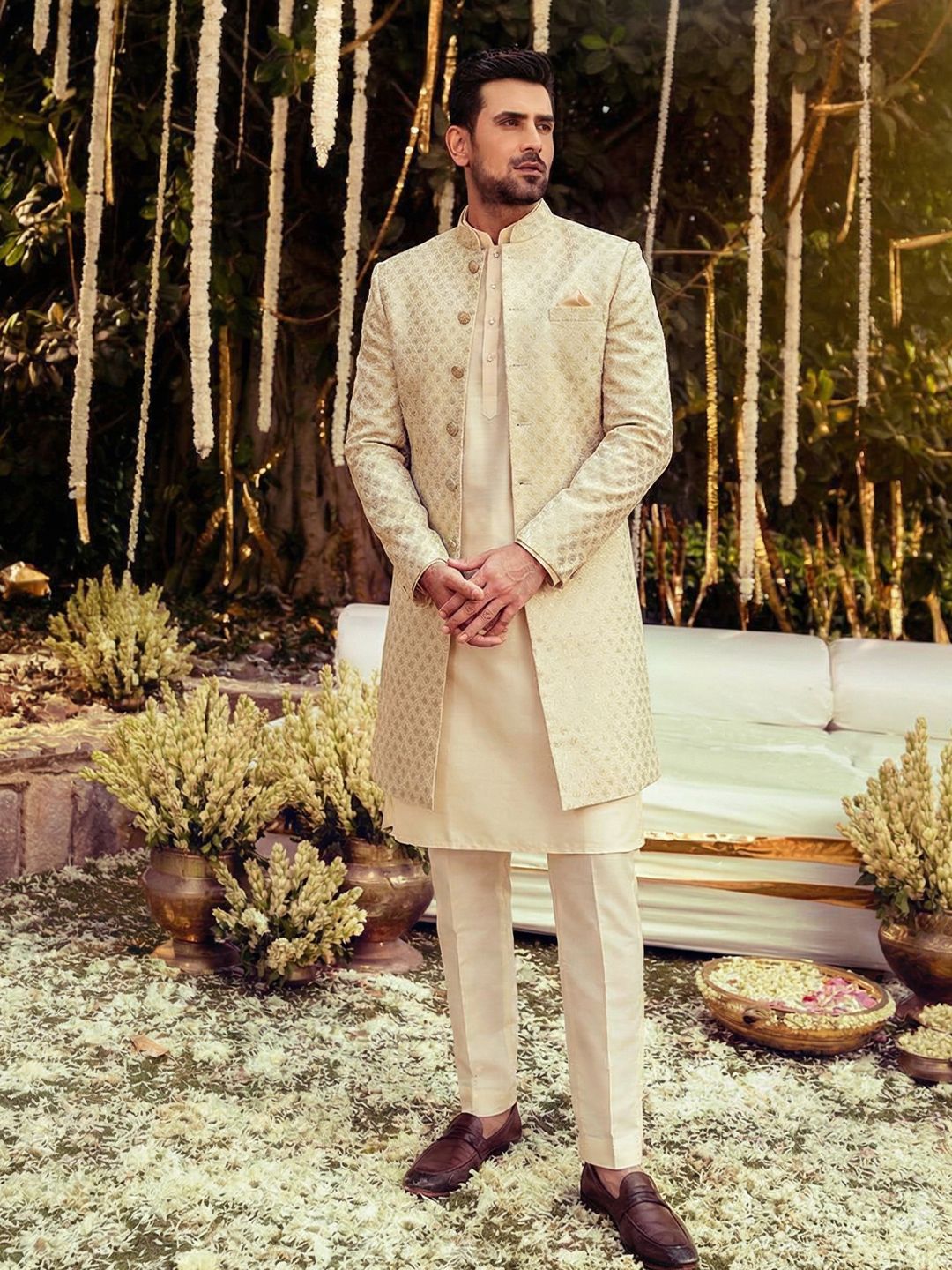 KISAH Men Green Jacquard Kurta Indowestern Sherwani Trouser Set