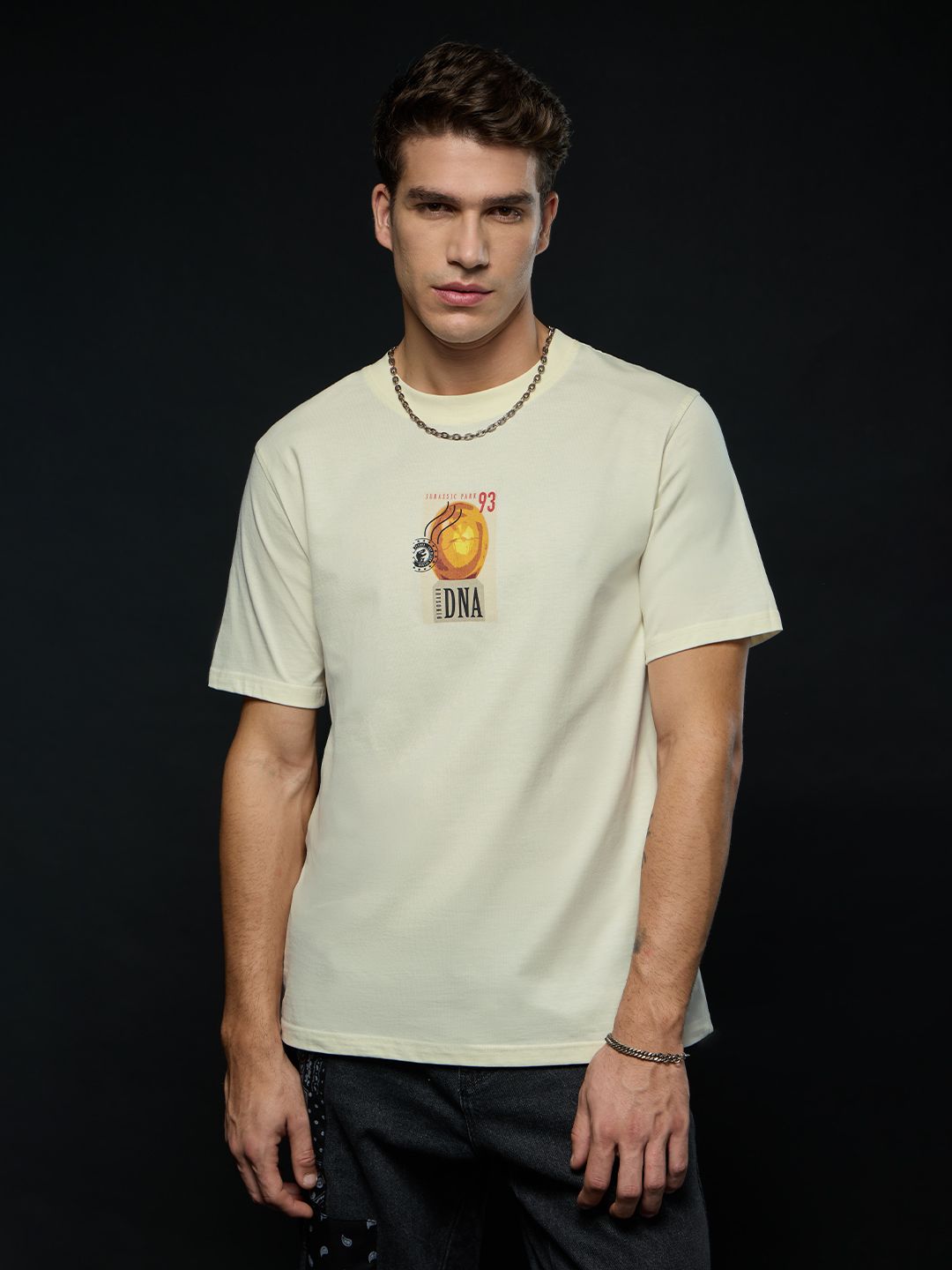 The Souled Store Men Relaxed Fit Jurassic Park Printed Off White T-Shirts