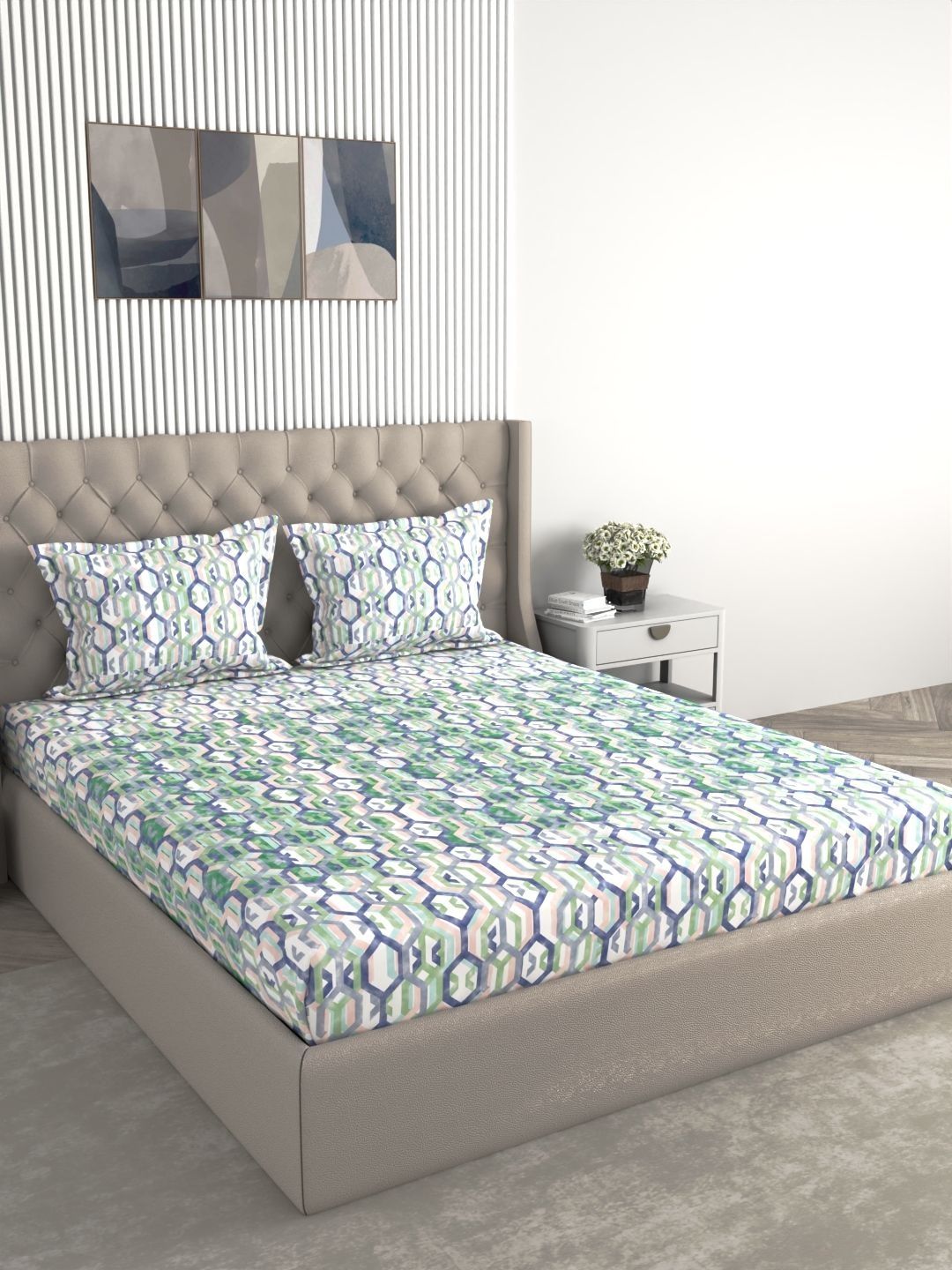 Raymond Home Raymond Home Multicoloured Geometric 144 TC Bedsheet with 2 Pillow Covers