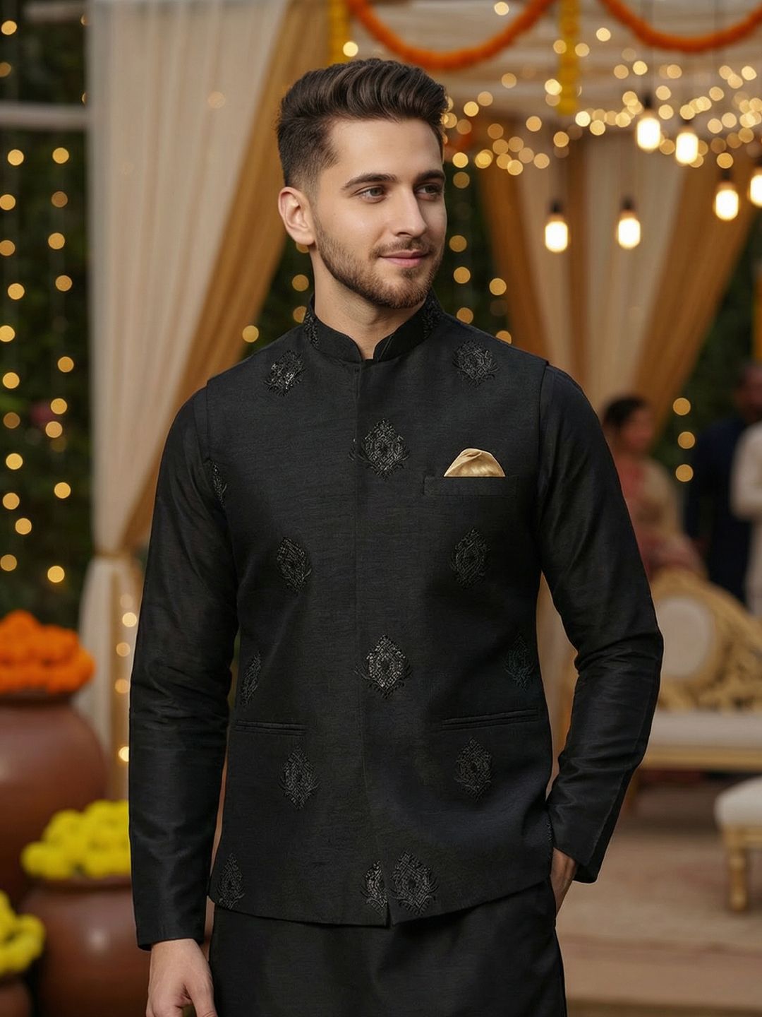 KISAH Men Embroidered Regular Fit Ethnic Motifs Nehru Jacket
