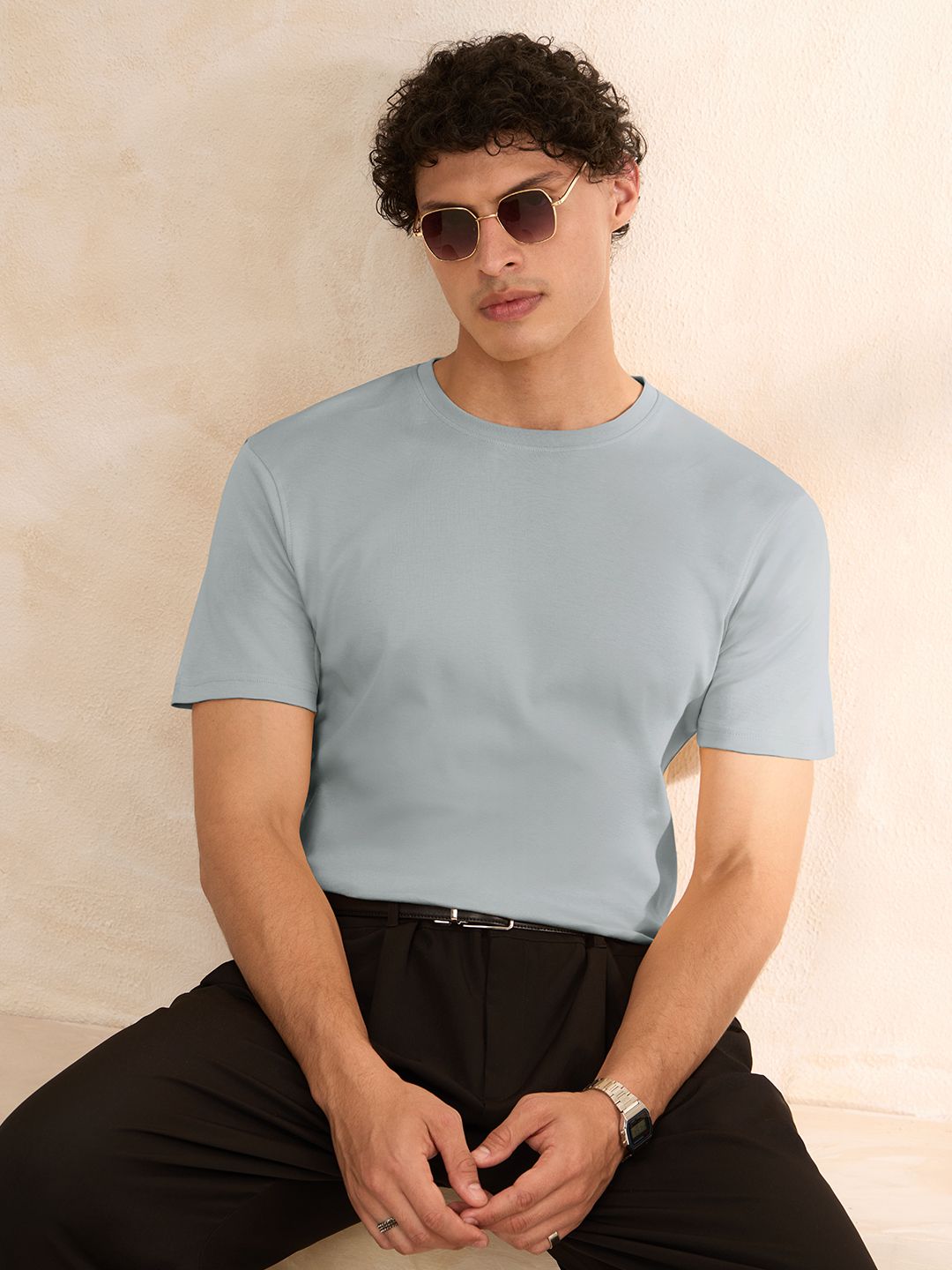 The Souled Store Men Regular Fit Solid Steel Supima T-Shirts