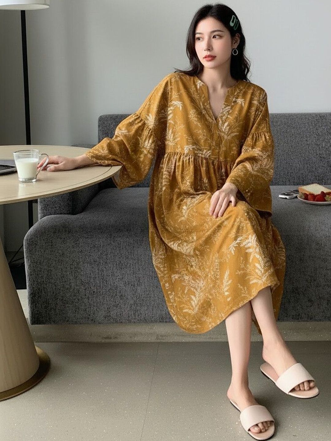 MANOJAVA Floral Print Bell Sleeve Fit & Flare Midi Dress
