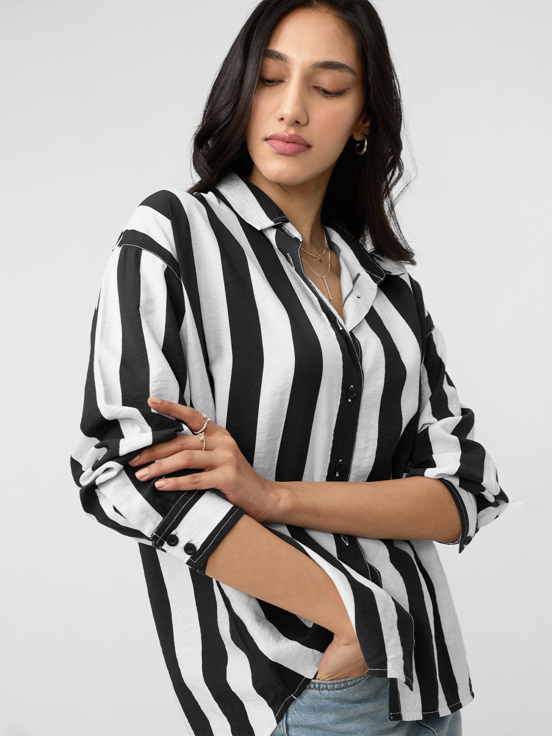 Buy The Souled Store Stripe Women Spread Collar Oversized Shirts