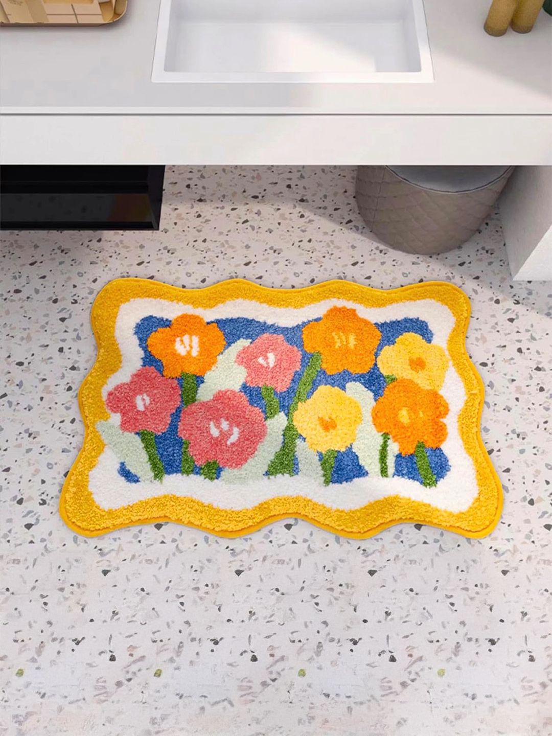 Homio Yellow & Blue Printed 2000 GSM Anti-Slip Bath Rug