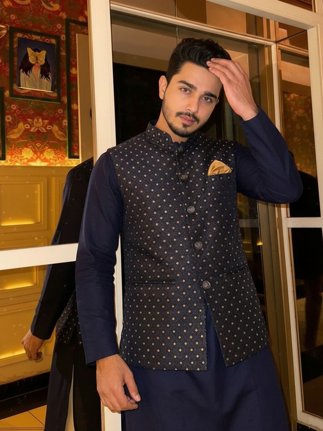 KISAH Woven-Design Mandarin Collar Nehru Jacket