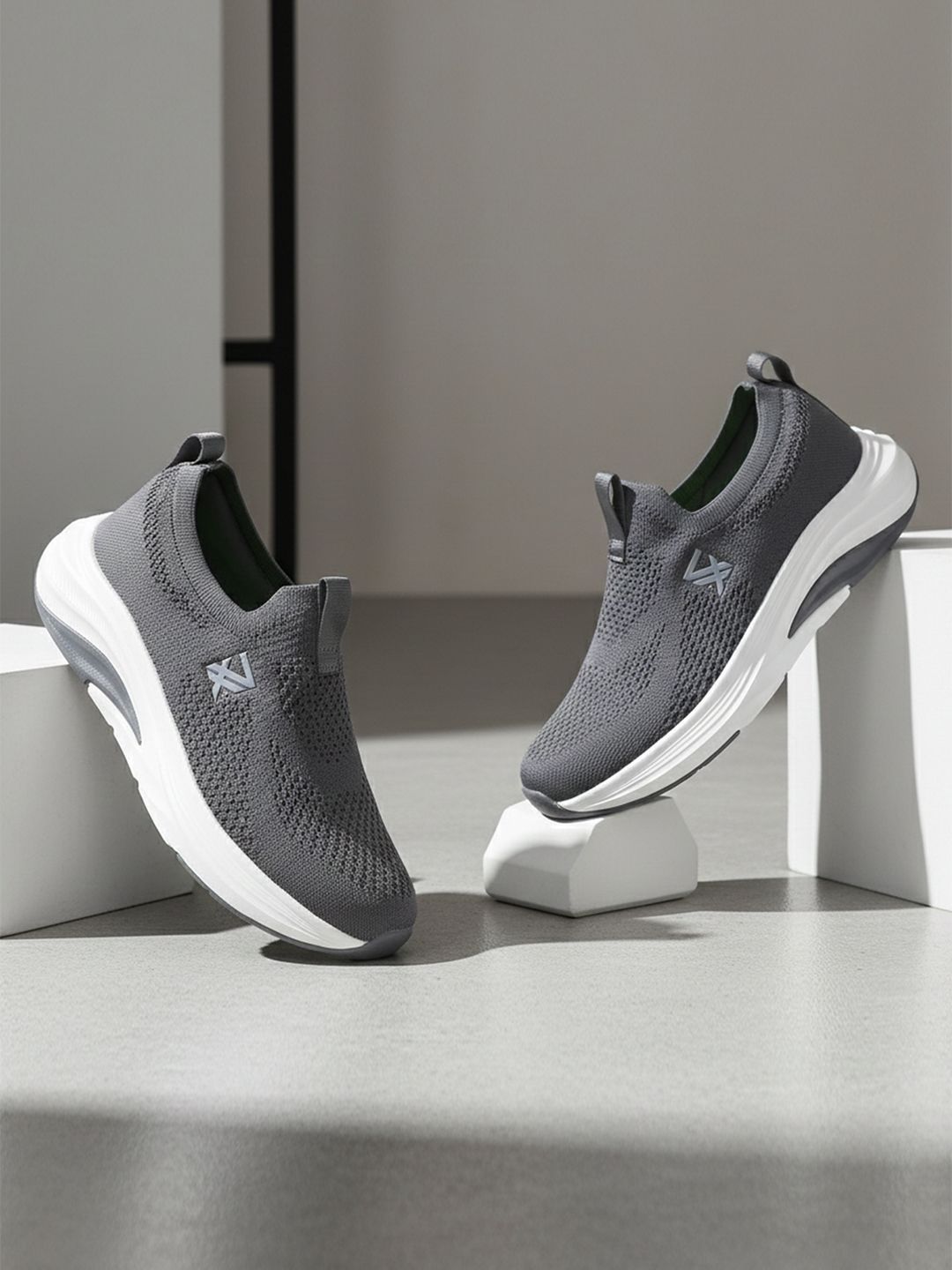 Liberty LEAP7X Men Black & Dark Grey Memory Foam Knit-Mesh Slip-On Walking Shoes