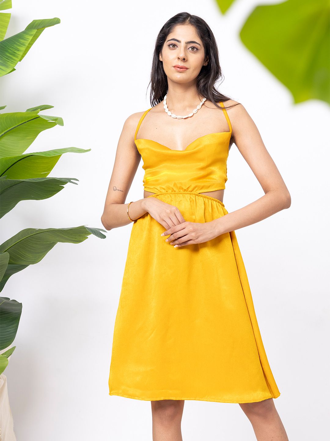 Aoba  Women Yellow Satin Beachwear Dress