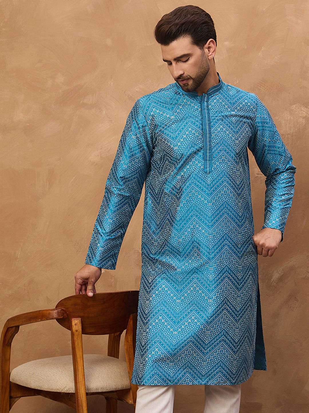 House of Pataudi Printed Mandarin Collar Straight Kurtas