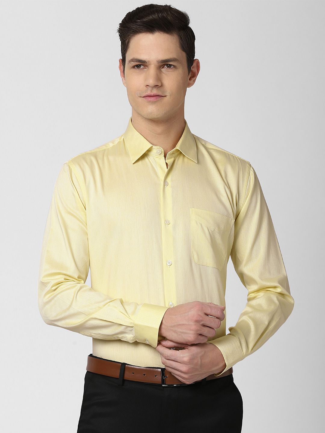 Peter England Elite Men Yellow Solid Cotton Formal Shirt