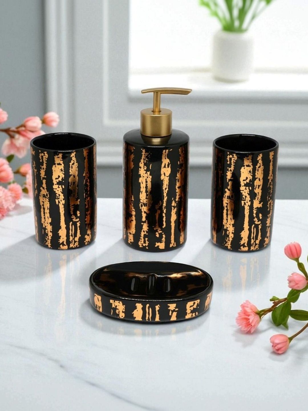 WHIZZO Black & Black 4 piece Textured Ceramic Bath Accessories Set