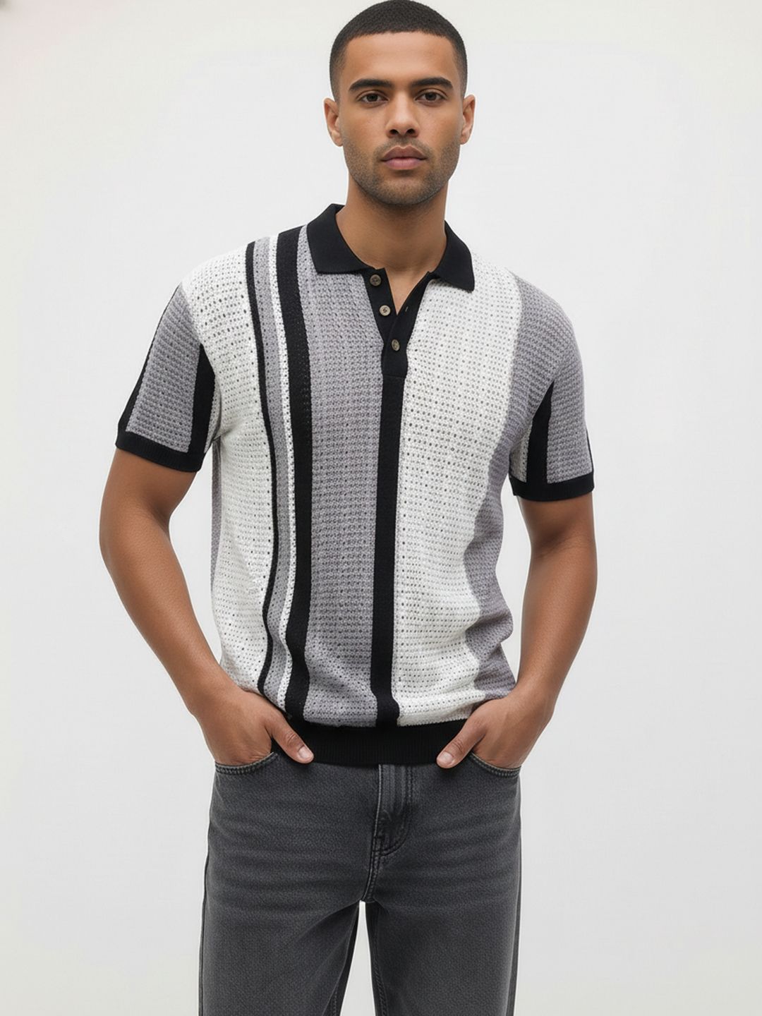 The Roadster Life Co. Open Weave Knitted Polo Collar T-shirt
