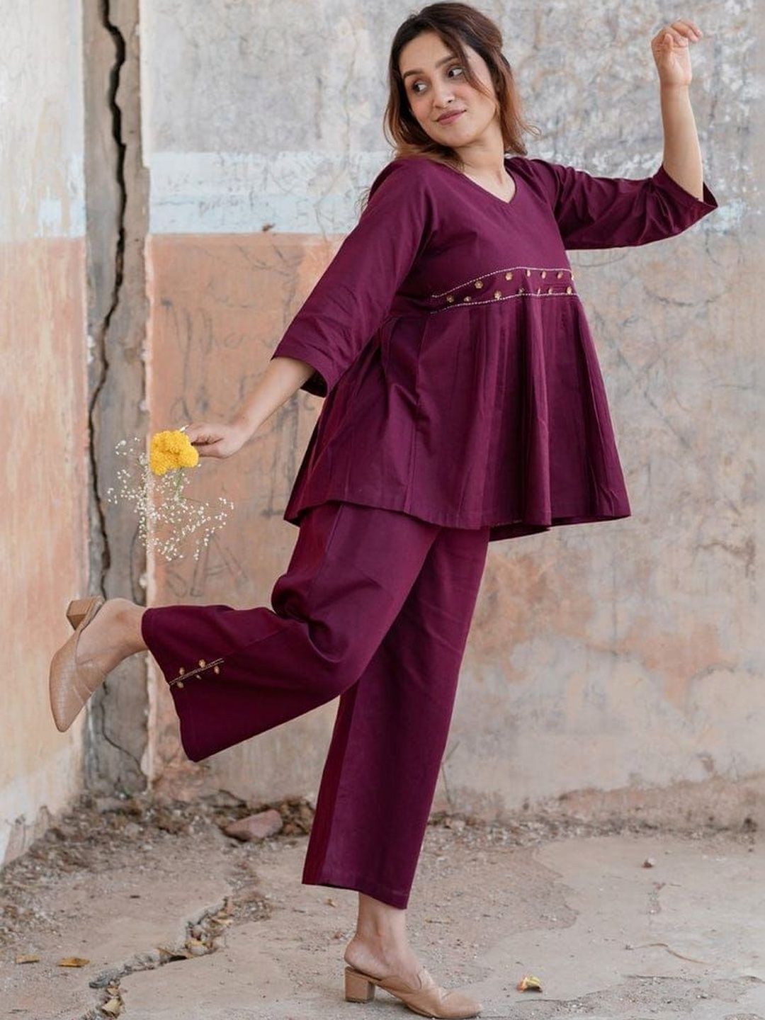 NAMA'S Cotton Embellished Top with Trousers