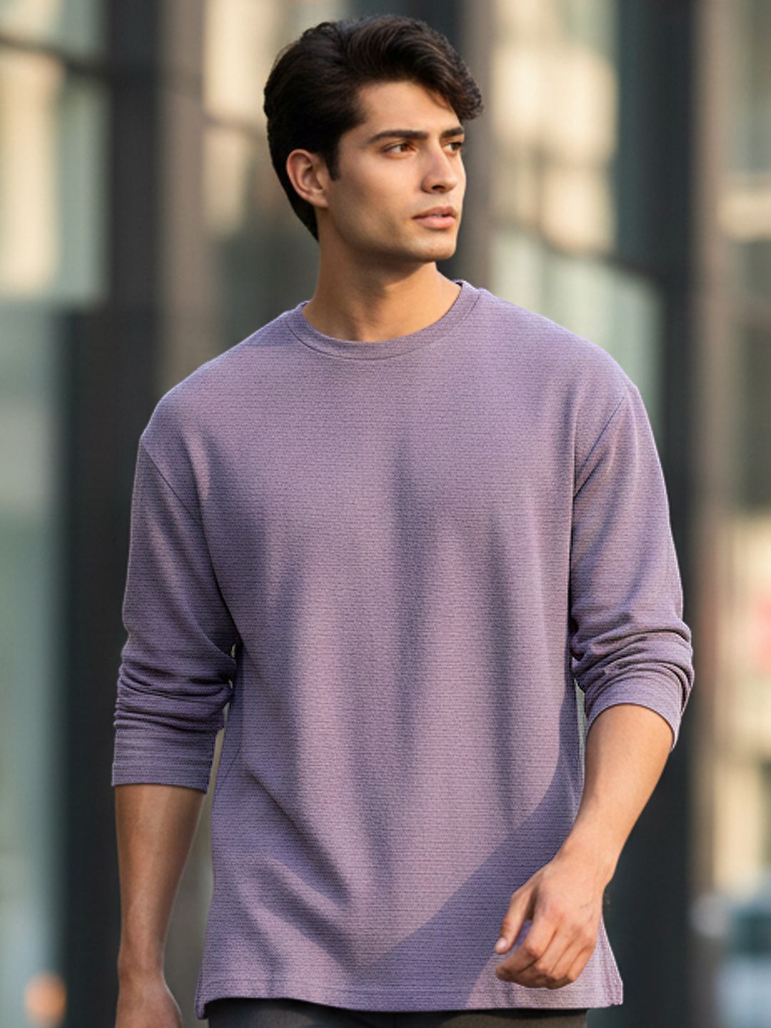 Urbano Fashion Men Textured Round Neck Oversized Full Sleeve Cotton T-Shirt
