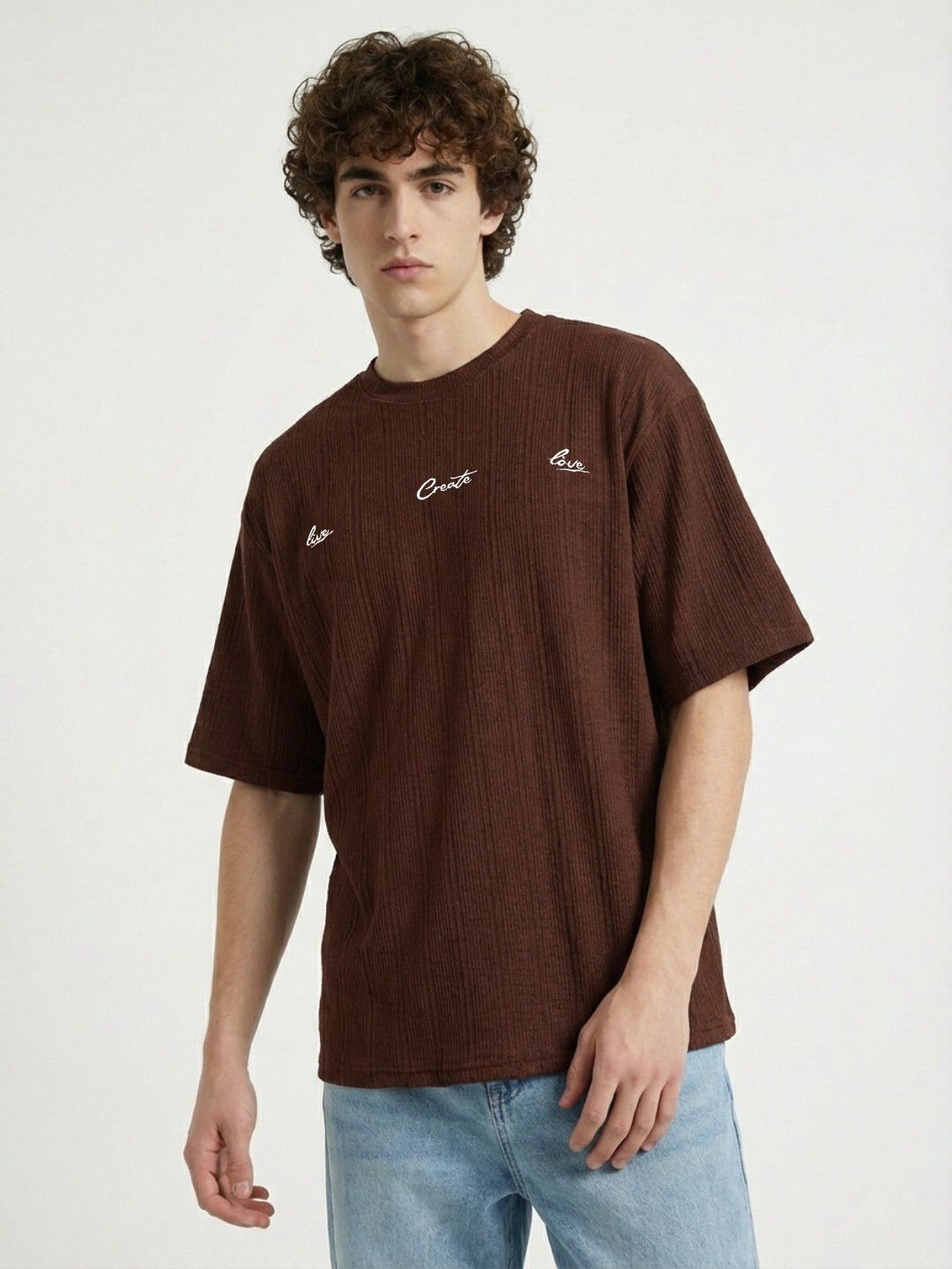 glitchez Relaxed Self-Design Typography Embroidered Drop-Shoulder Sleeves T-shirt