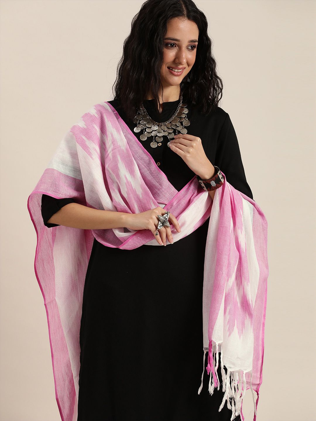 Taavi White & Lavender Woven Design Pure Cotton Ikat Dupatta