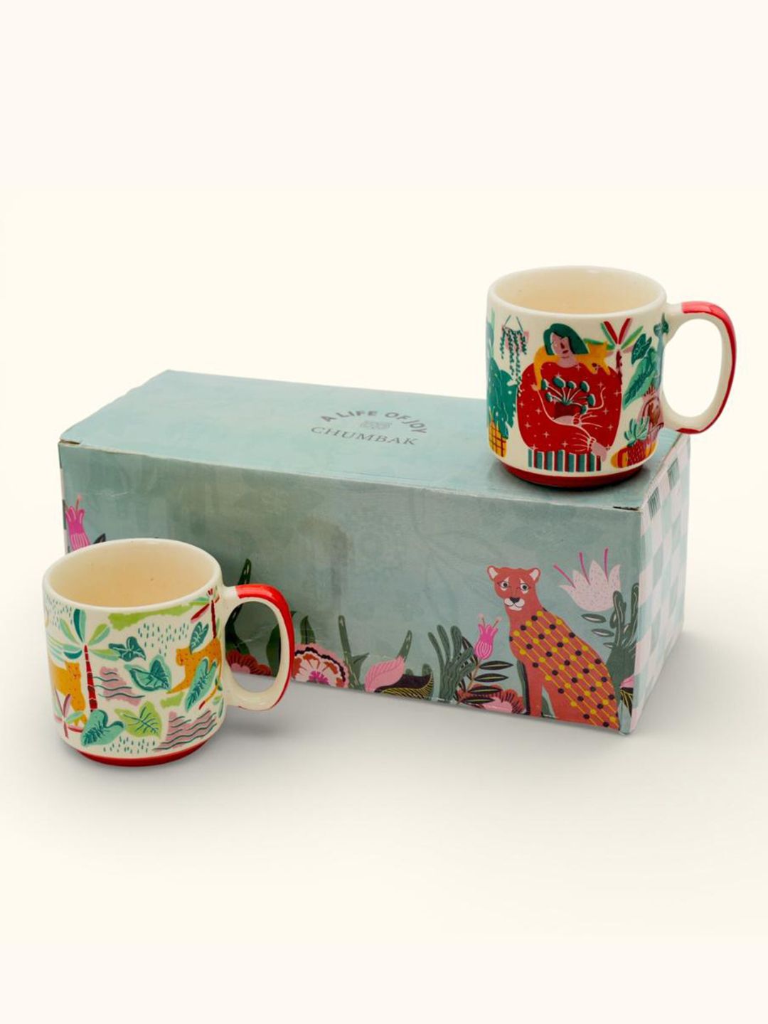 Chumbak 2Pcs White & Red Printed Ceramic Mugs