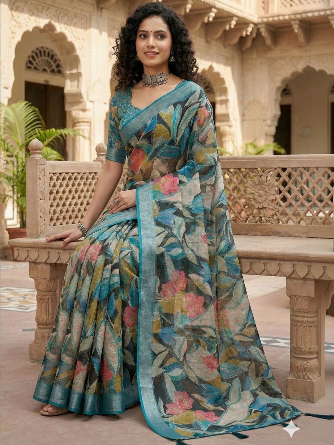 HERE&NOW HERE&NOW Floral Cotton Blend Bhagalpuri Saree