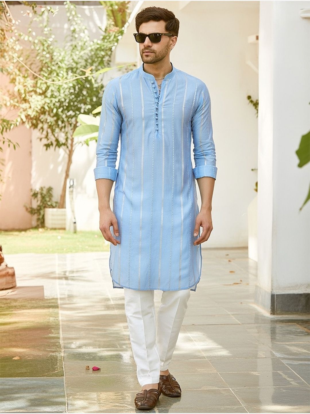 See Designs Striped Mandarin Collar Sequinned Cotton Kurta