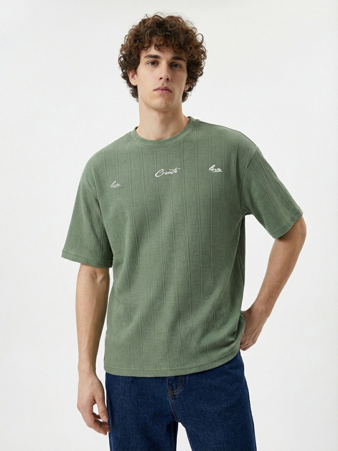 glitchez Relaxed Textured Drop-Shoulder Sleeves T-shirt