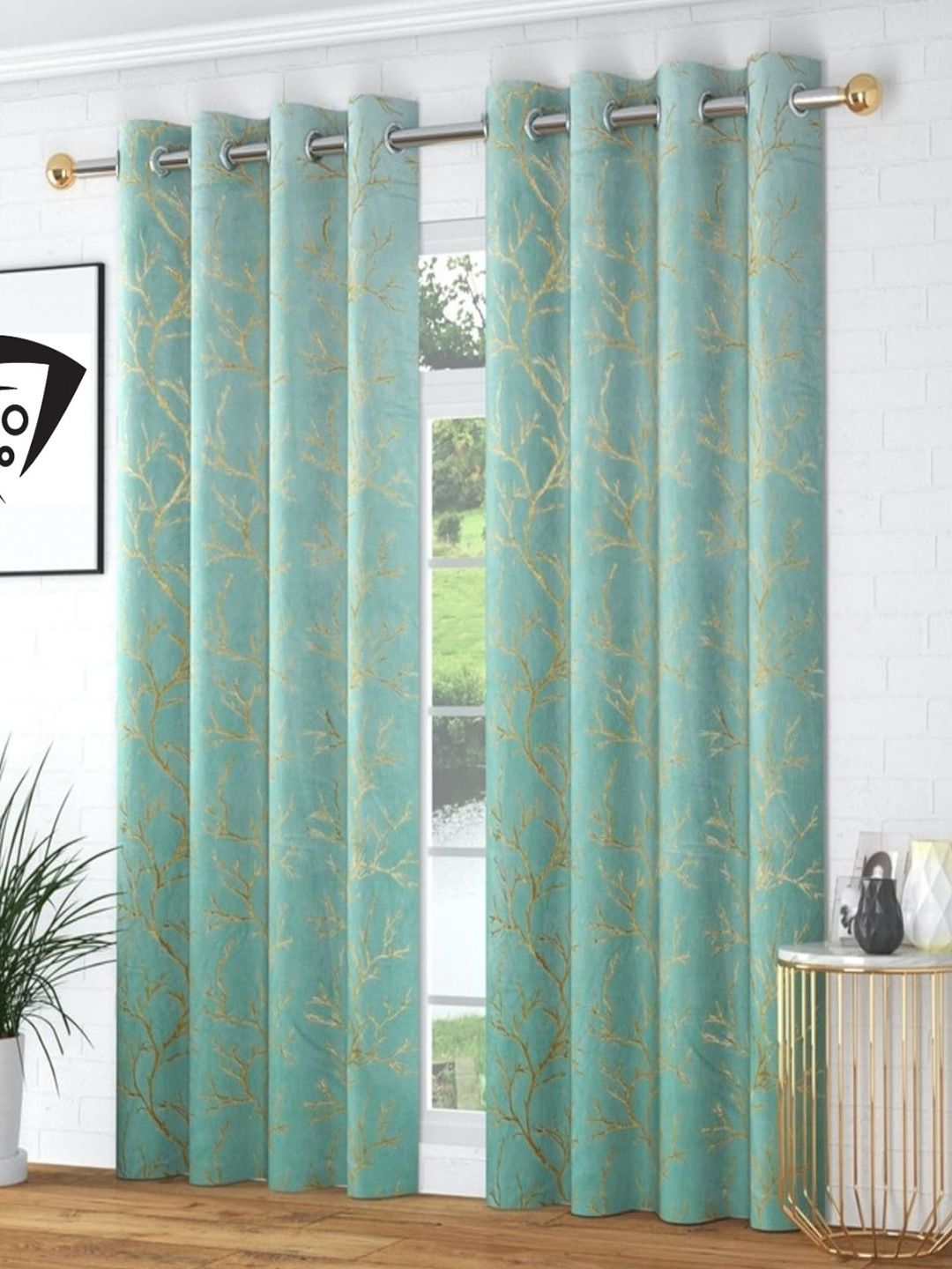 Aura Turquoise Blue Abstract Velvet 2 Pieces Long Door Room Darkening Eyelet Curtain
