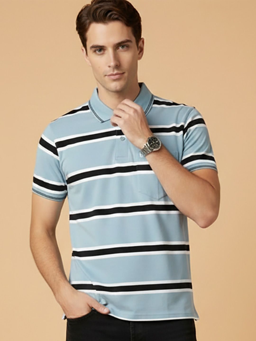 UNIBERRY JEANS Men Striped Polo Collar Pockets T-shirt