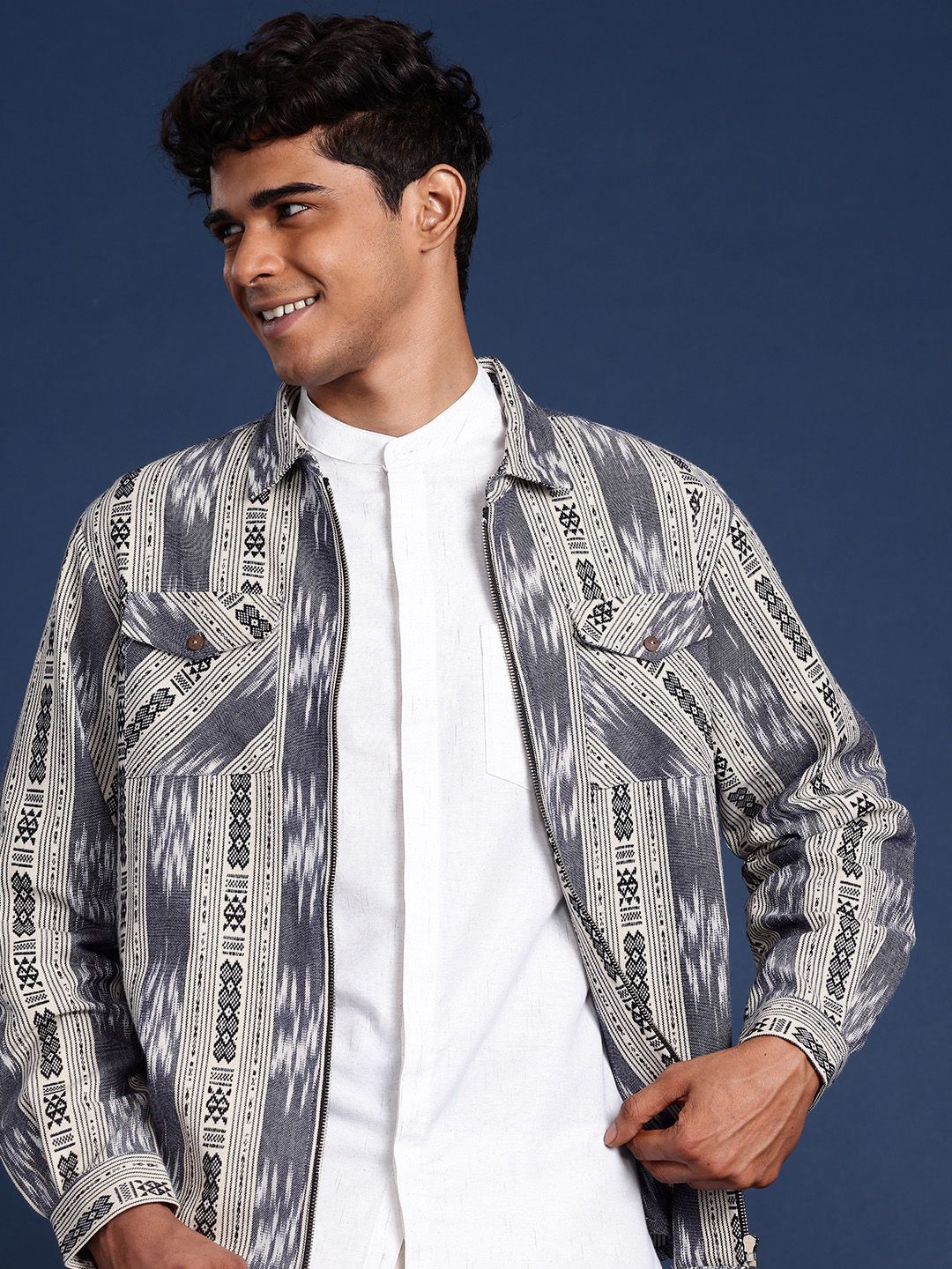 Taavi Cotton Geometric Printed Ikat Jacket