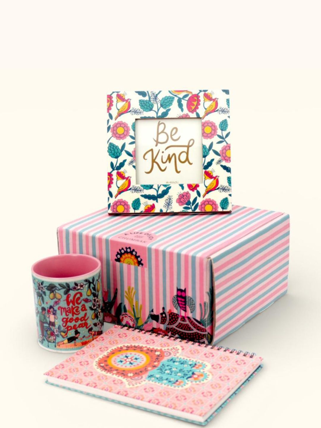 Chumbak 3Pcs Pink & Blue Printed Coffee Mug Photo Frame & Notebook Valentine's Gift set For Family