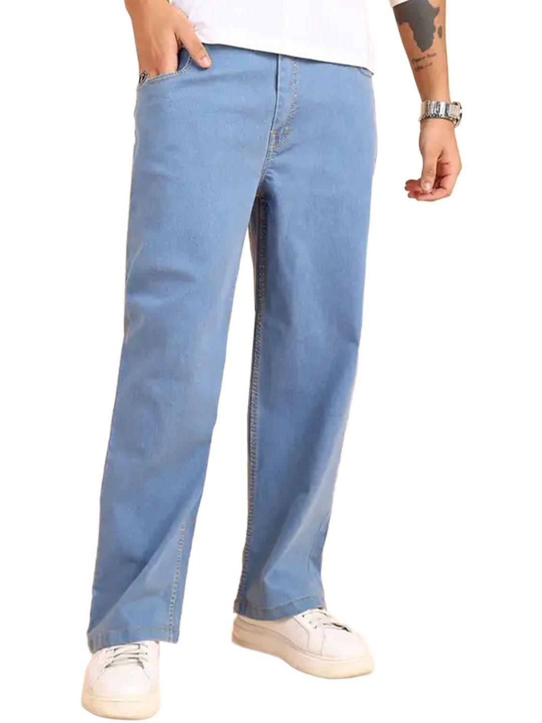 AUSK Men Loose Straight Fit Mid-Rise Light Fade Stretchable Jeans
