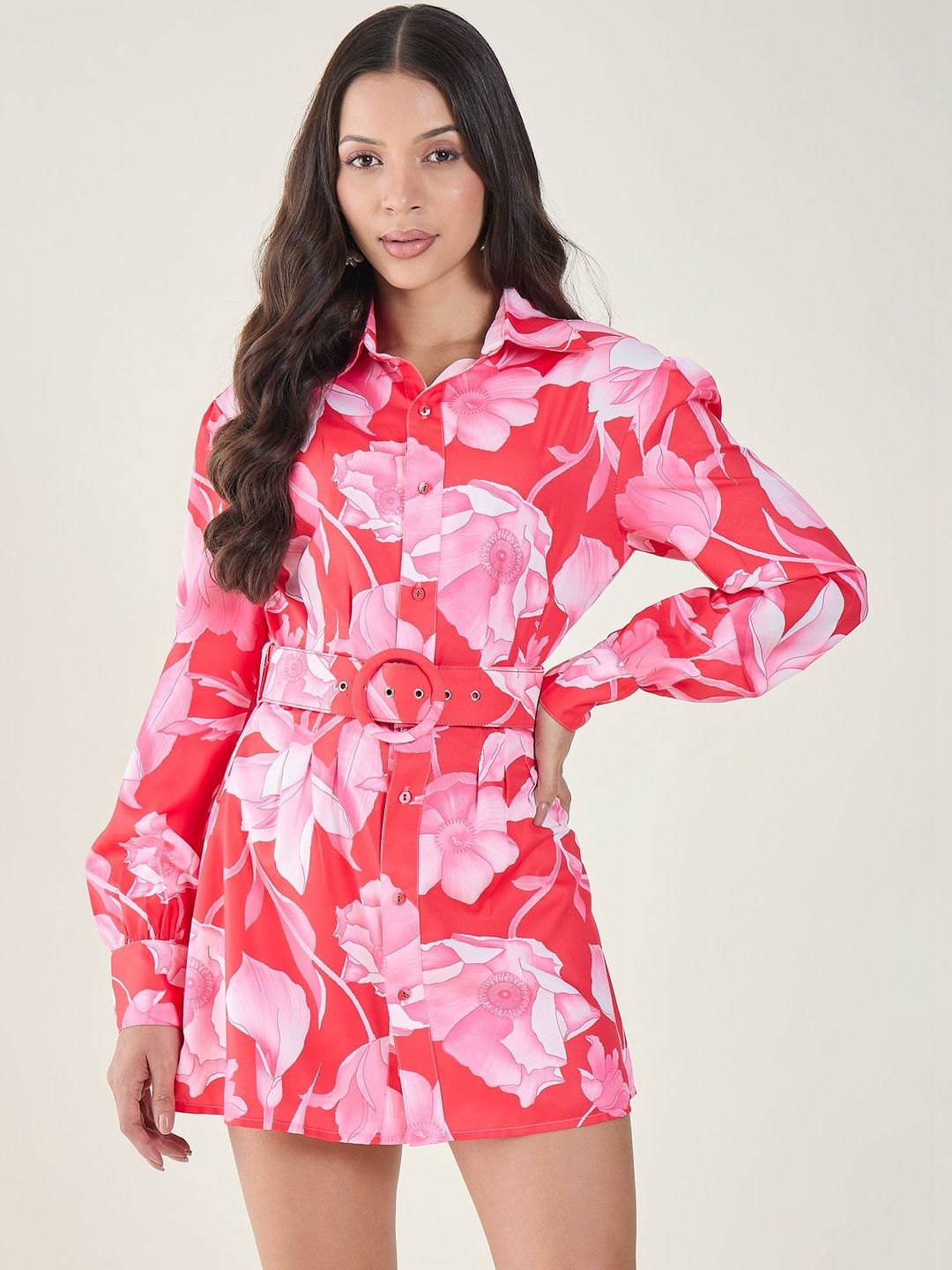 aayu Floral Print Crepe Shirt Mini Dress