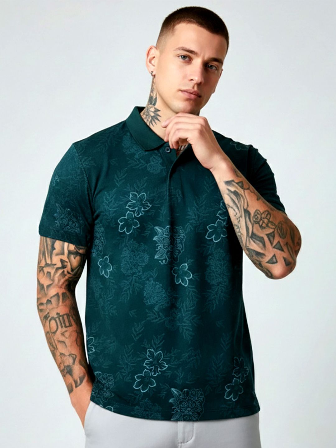 glitchez Men Floral Printed Polo Collar T-shirt