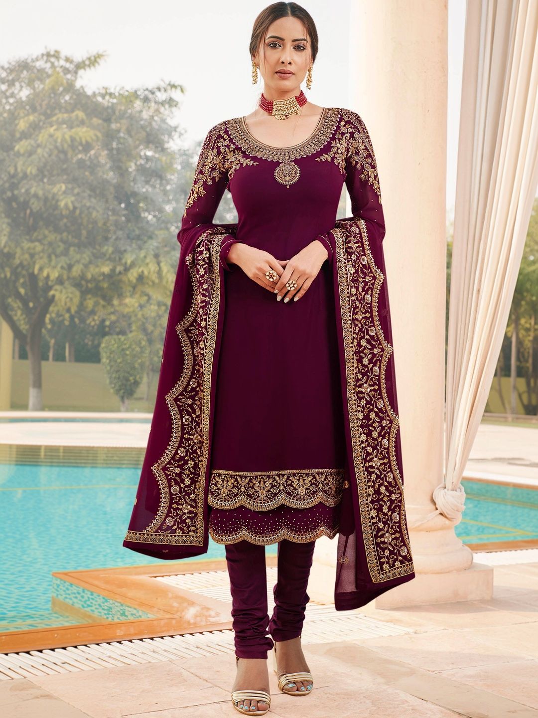 RUDRAPRAYAG RUDRAPRAYAG Women Ethnic Motifs Embroidered Regular Kurta with Churidar & With Dupatta