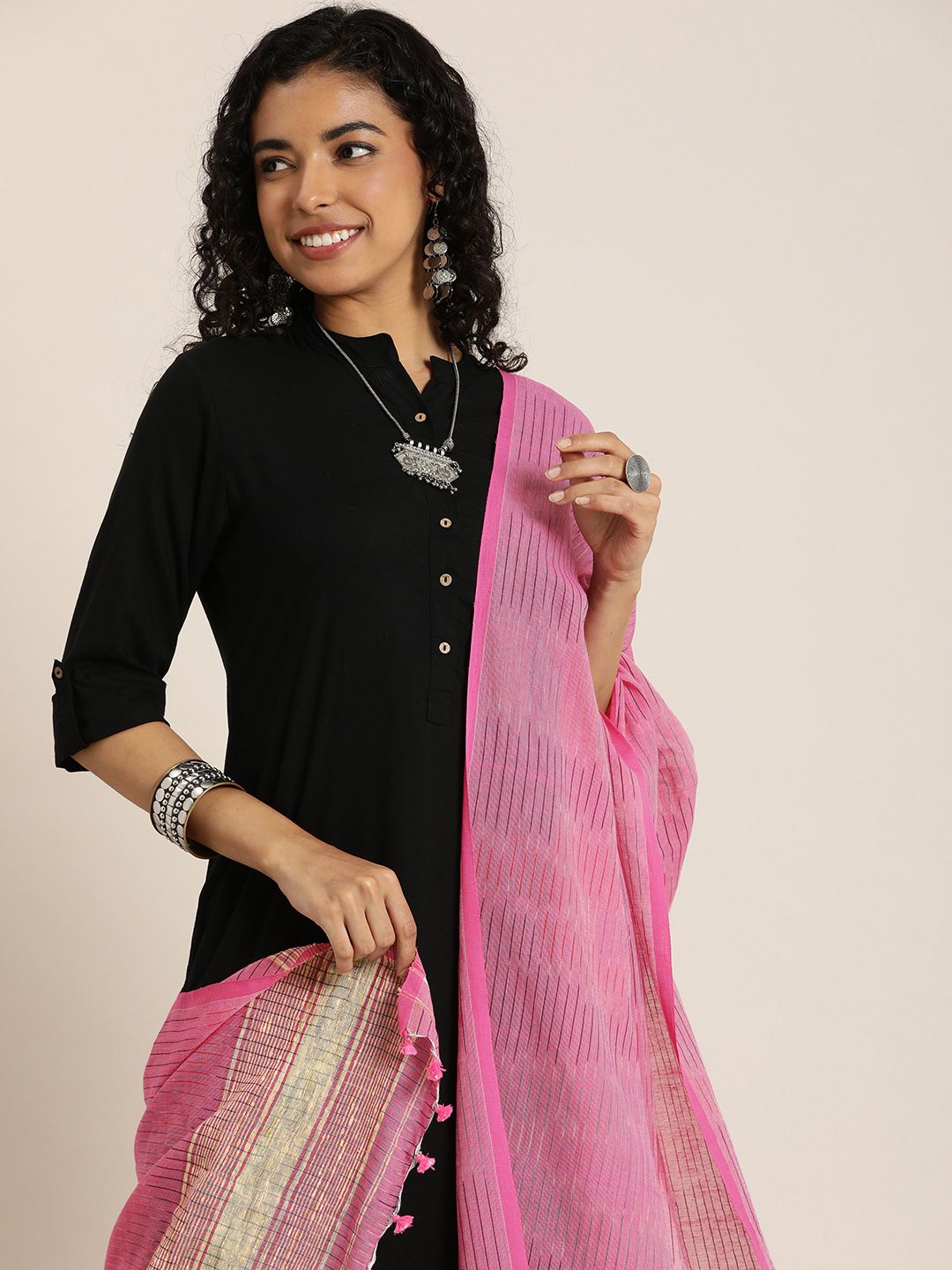 Taavi Pink Woven Design Cotton Ikat Dupatta