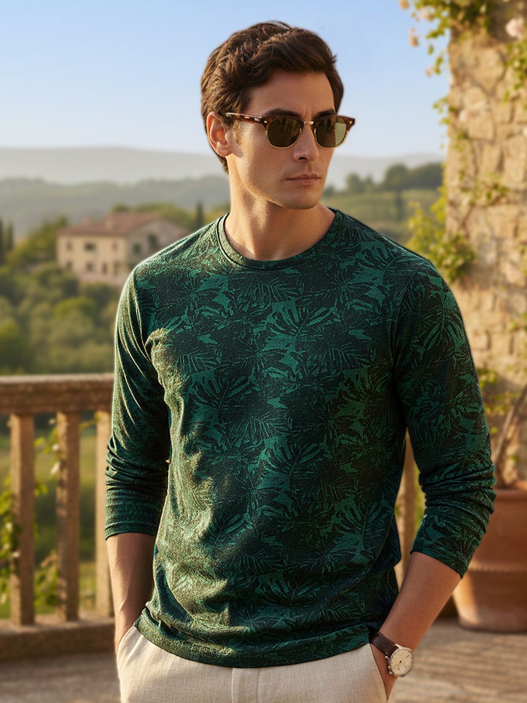 Urbano Fashion Men Teal Green Slim Fit Tropical Printed Pure Cotton T-shirt