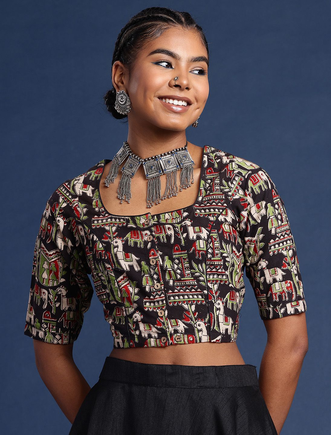 Taavi Kalamkari Printed Cotton Non Padded Saree Blouse