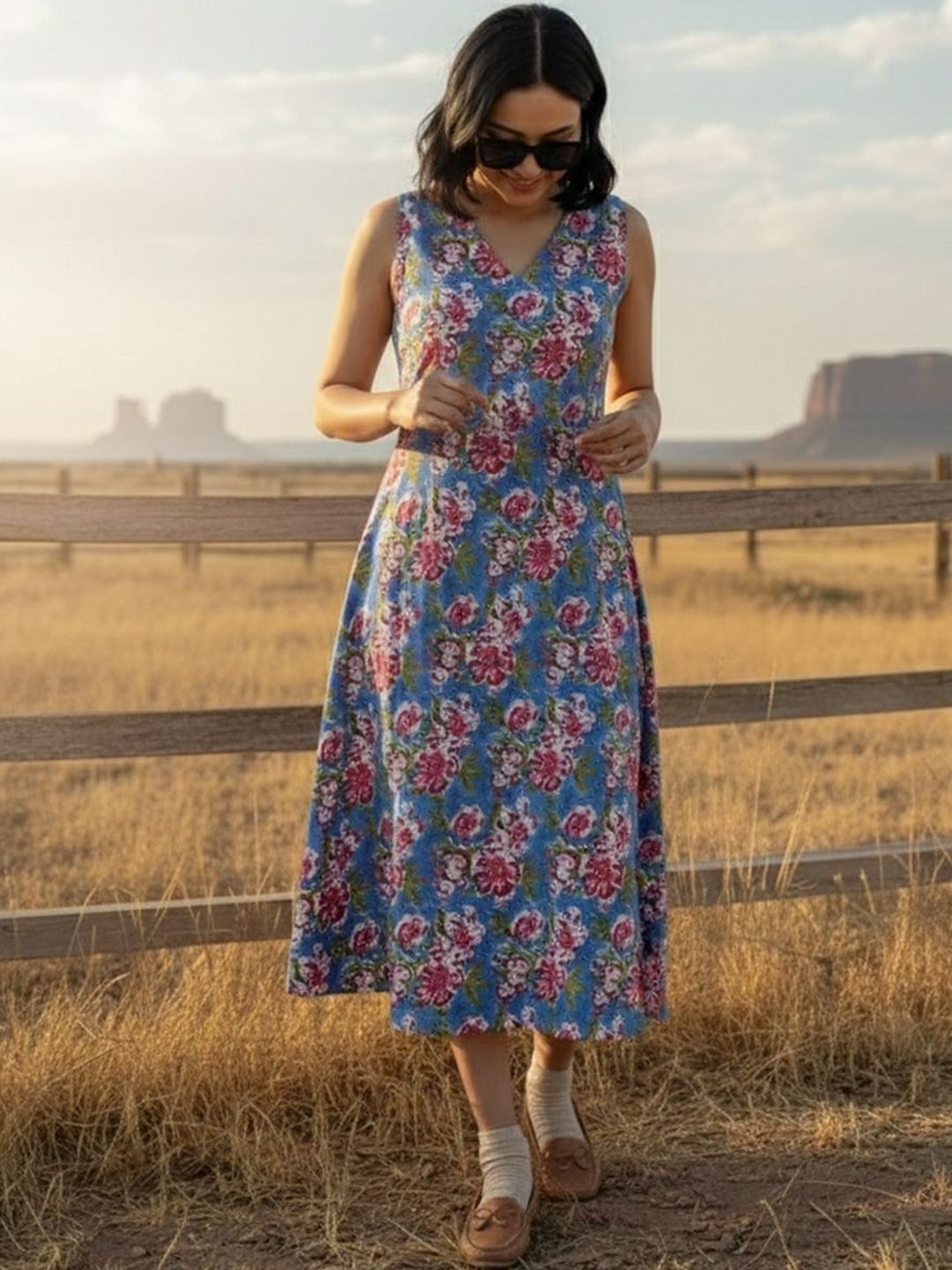 Varanga Floral Print A-Line Midi Dress