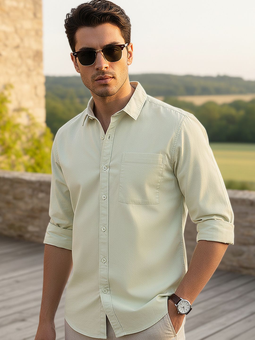 Urbano Fashion Men Spread Collar Solid Cotton Casual Shirt