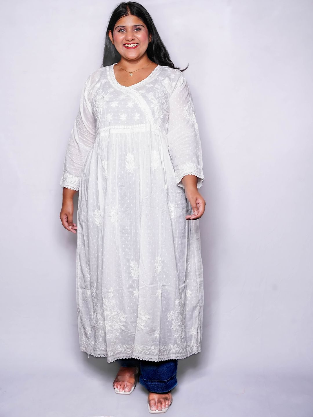 MALABIS Ethnic Motifs Embroidered V-Neck Chikankari Pure Cotton Blend Chikankari Angrakha Kurti