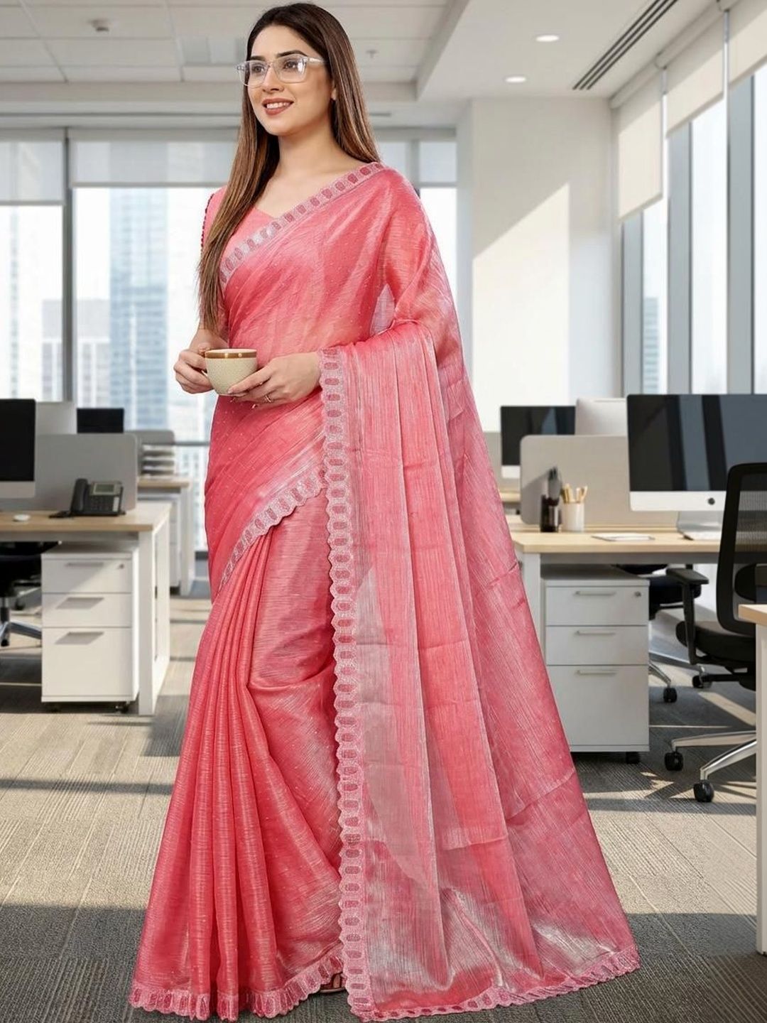 STYLE MODA Sequinned Tissue Saree