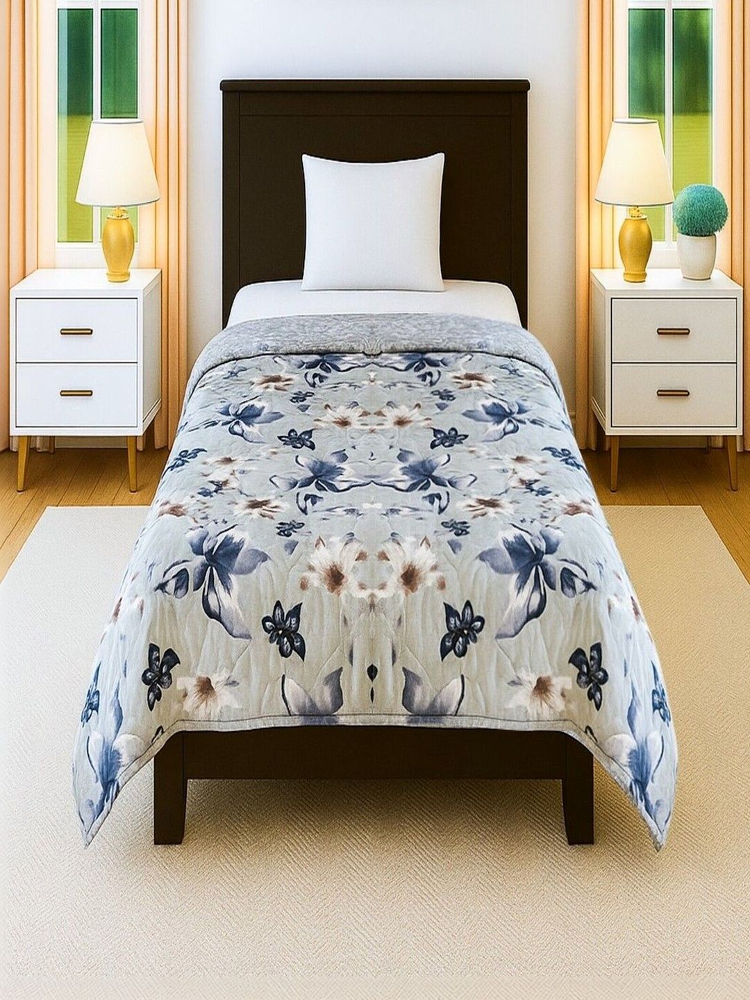Threadwear Green & Grey Floral Heavy Winter 300 GSM Comforter