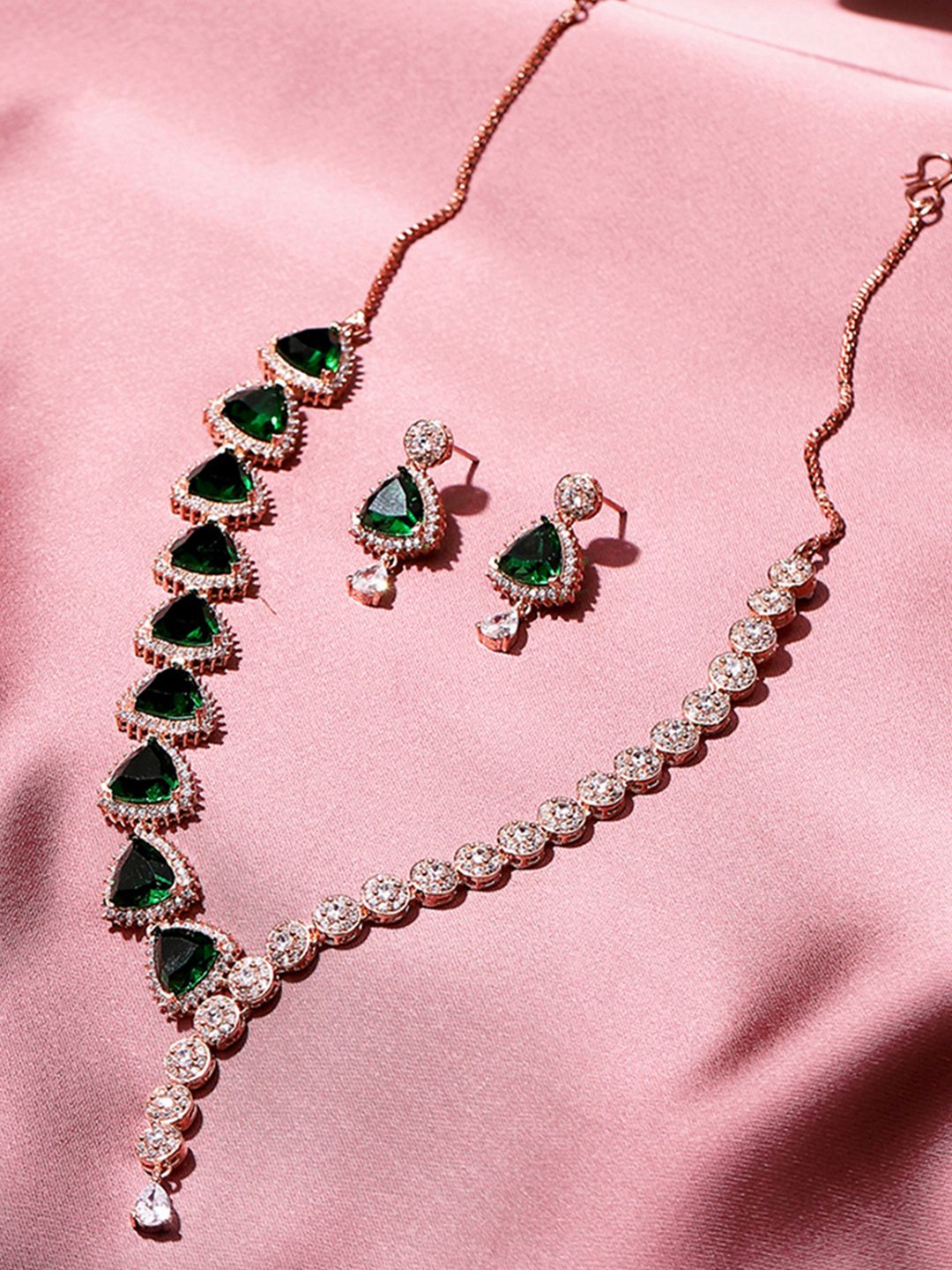 Rose Gold-Plated Jewellery Set CZ Rose Gold Plated Pearl Brass Necklace Set with Green Stone
