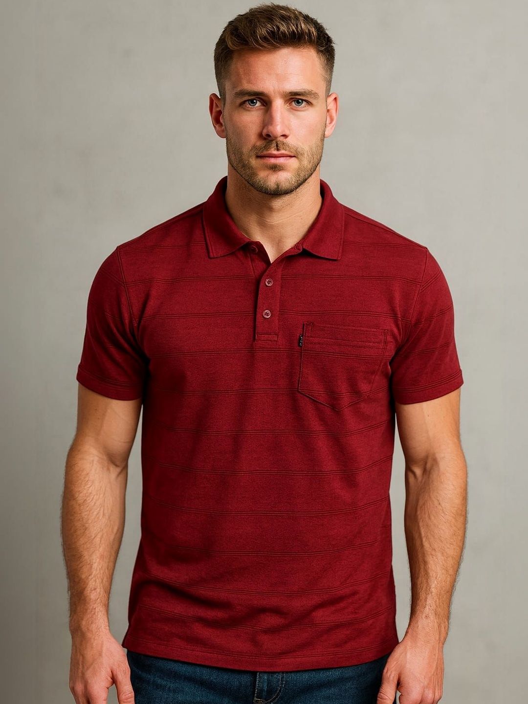 WILD ELEPHANT Men Striped Polo Collar Pockets T-shirt