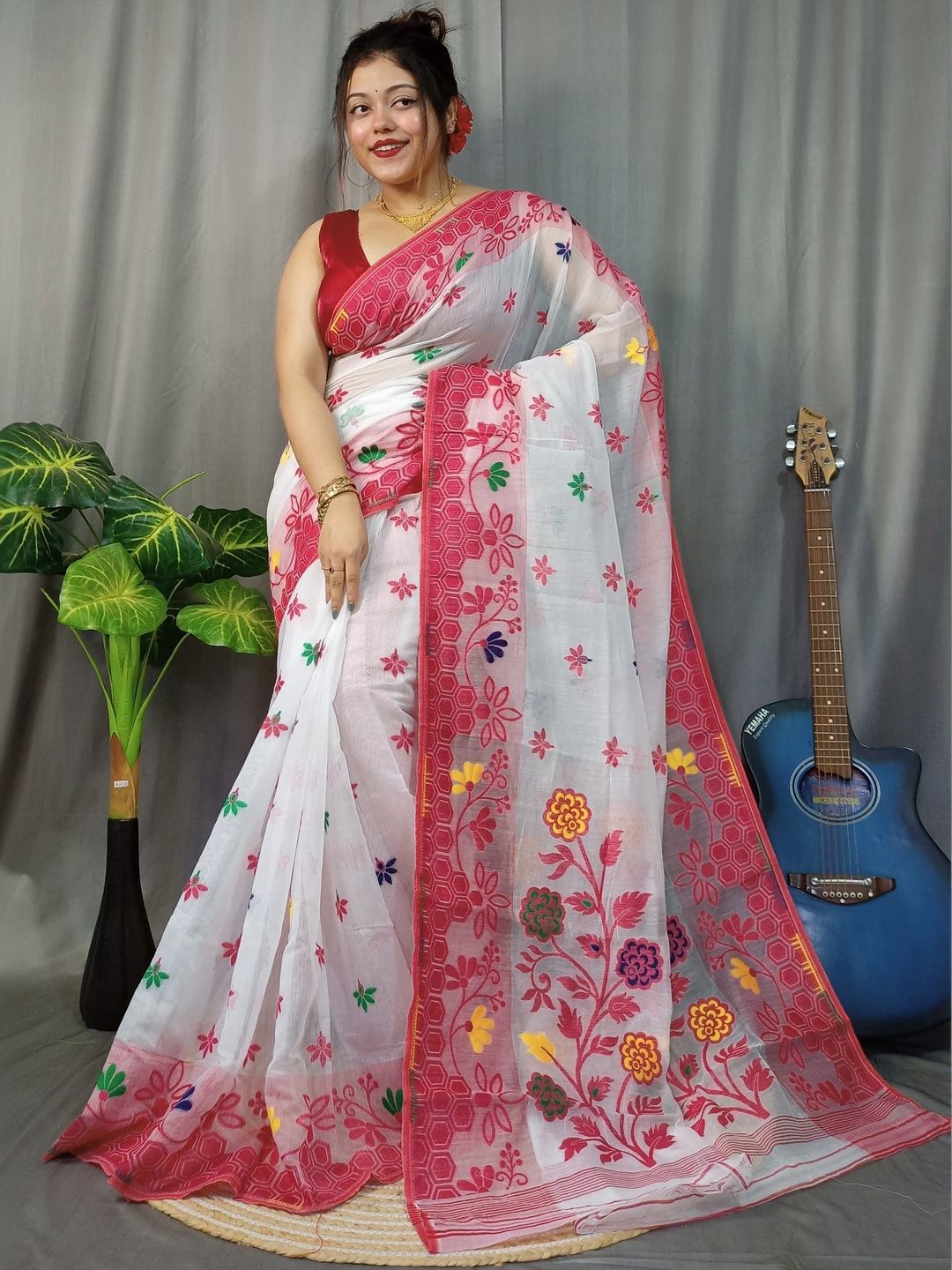 Rnn Saree Floral Embroidered Silk Cotton Jamdani Sarees