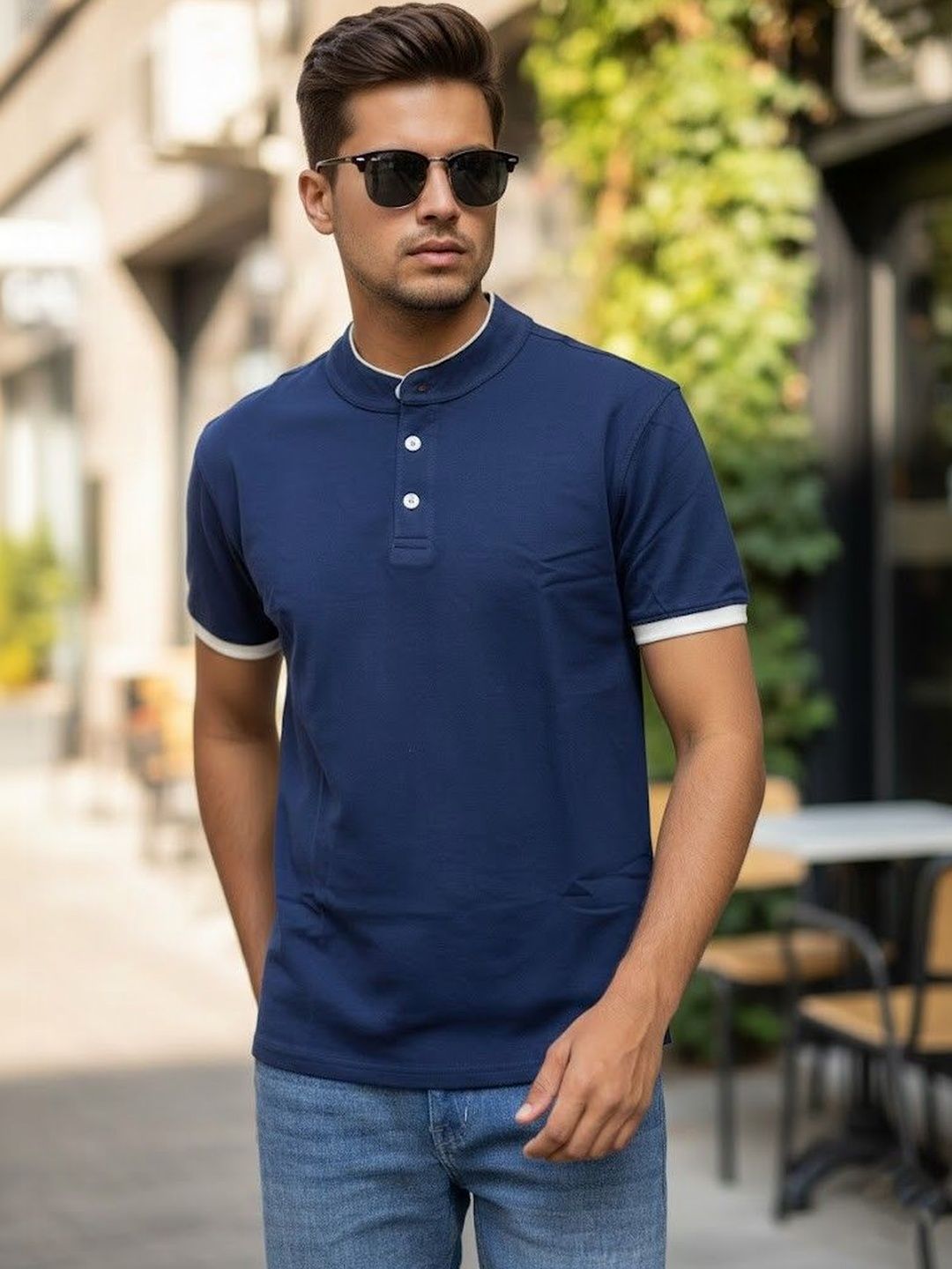 The Roadster Lifestyle Co Pure Cotton Mandarin Collar Tshirt