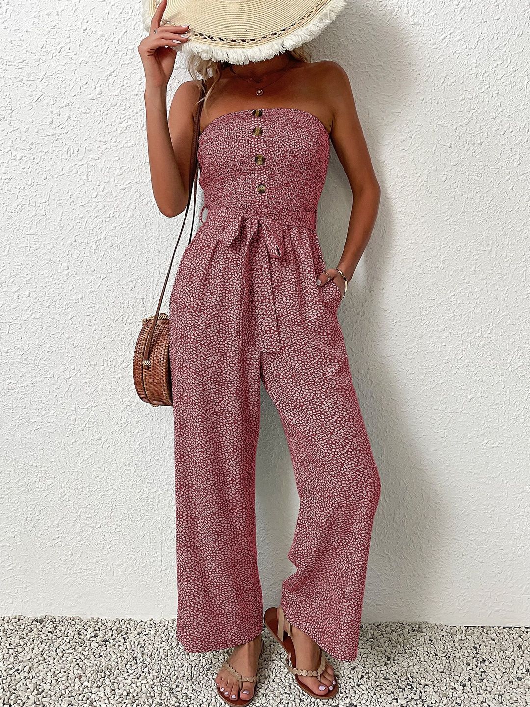 NOWI Off-Shoulder Printed Basic Jumpsuit