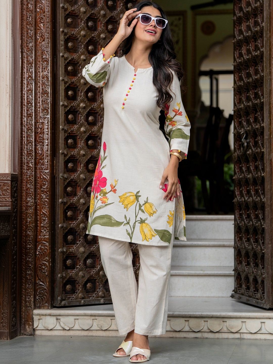 JAIPUR SARAI Printed Round Neck Pure Cotton Tunic & Trousers Co-Ords
